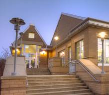 Shorewood Library at dusk.